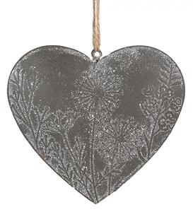 Šedé antik plechové ozdobné závesné srdce s kvetmi - 11*2*10 cm - Clayre & Eef