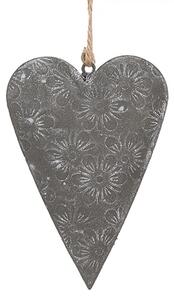Šedé plechové ozdobné závesné srdce s kvetmi S - 11*2*8 cm - Clayre & Eef