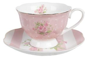 Bielo-ružová šálka a tanierikom s ružičkami Sweet Roses - 12*9*6 cm / Ø 14*2 cm / 200 ml - Clayre & Eef