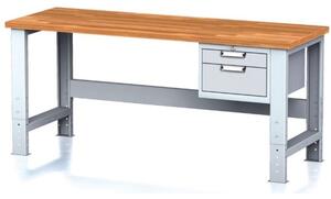Nastaviteľný dielenský stôl MECHANIC I, závesný box na náradie, 2 zásuvky, 2000x700x700-1055 mm, sivé dvere