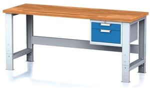 Nastaviteľný dielenský stôl MECHANIC I, závesný box na náradie, 2 zásuvky, 2000x700x700-1055 mm, modré dvere