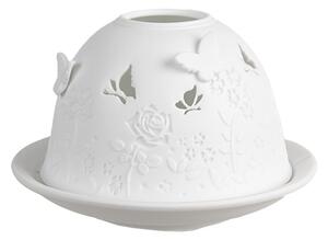 Biely porcelánový svietnik na čajovú sviečku s motýlikmi a ružami Paollo - Ø 12*8 cm - Clayre & Eef