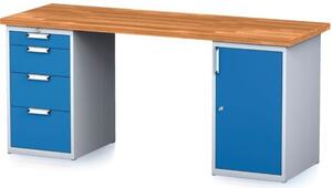 Dielenský stôl MECHANIC, 2000x700x880 mm, 1x 4 zásuvkový kontajner, 1x skrinka, sivá/modrá