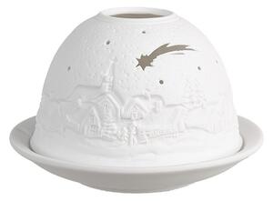 Biely porcelánový svietnik na čajovú sviečku s vianočnou dedinkou Paollo - Ø 12 * 8 cm - Clayre & Eef