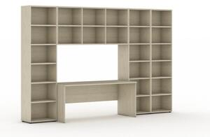 Zostavy knižníc s integrovaným stolom, vyšší/širší, 3550 x 700/400 x 2300 mm, dub prírodný