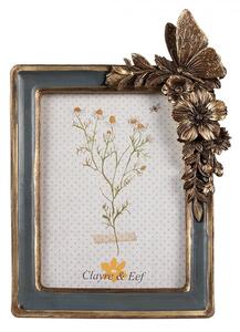 Zeleno-zlatý fotorámik s kvetmi a motýlikom - 16*3*23 cm / 10*15 cm - Clayre & Eef