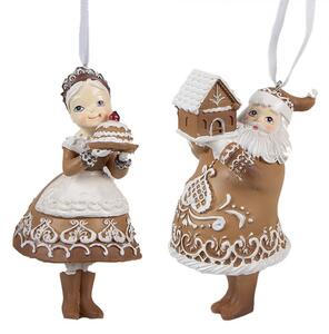 2ks hnedá vianočná ozdoba perníčkový Santa so Santovou - 9*7*13 cm / 8*6*13 cm - Clayre & Eef