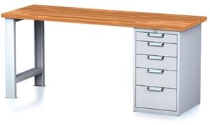 Dielenský pracovný stôl MECHANIC I, pevná noha + dielenský box na náradie, 5 zásuviek, 2000 x 700 x 880 mm, sivé dvere