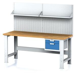 Dielenský stôl MECHANIC s nadstavbou a policou, 2000x700x700-1055 mm, nastaviteľné podnožie, 1x 2 zásuvkový kontejner, sivý/modrý