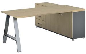 Kancelársky pracovný stôl PRIMO STUDIO so skrinkou vľavo, doska 1800 x 800 mm, sivá / breza