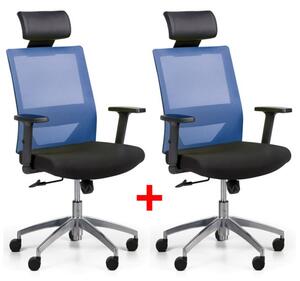 Kancelárska stolička so sieťovaným operadlom WOLF II, nastaviteľné podrúčky, hliníkový kríž, 1 + 1 ZADARMO, modrá