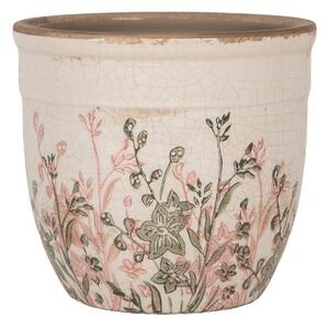 Béžový antik keramický obal na kvetináč s ružovo-zelenými kvetmi - Ø 13*11 cm - Clayre & Eef