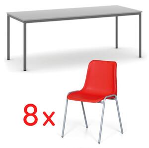 Jedálenský stôl, sivý 2000x800 + 8 jedálenských stoličiek AMADOR, červená