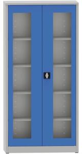 Zváraná policová skriňa s presklenými dverami, 1950 x 950 x 400 mm, sivá/modrá
