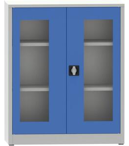 Zváraná policová skriňa s presklenými dverami, 1150 x 950 x 600 mm, sivá/modrá