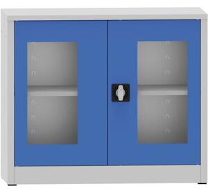 Zváraná policová skriňa s presklenými dverami, 800 x 950 x 400 mm, sivá/modrá
