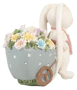 Dekorácia zajačik vezúci vozík s kvetinami - 11*6*10 cm - Clayre & Eef