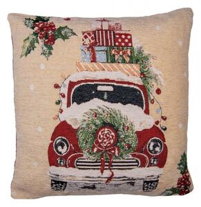 Béžovo-červená obliečka na vankúš s autíčkom Christmas Rustic - 44*44 cm - Clayre & Eef