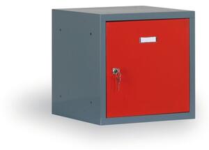 Šatníková skrinka s uzamykateľným boxom 300x300x300 mm, tmavo sivá, červené dvere, cylindrický zámok
