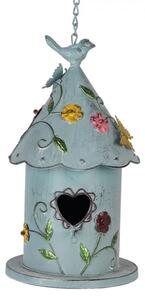 Modrá závesná kovová dekorácia vtáčia búdka s kvetmi - 16*19*29 cm - Clayre & Eef