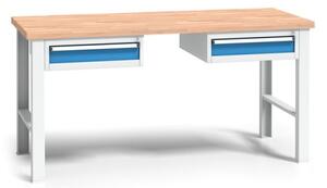 Výškovo nastaviteľný pracovný stôl do dielne WL s 2 závesnými boxmi na náradie, buková škárovka, 2 zásuvky, 1700 x 685 x 840 - 1050 mm