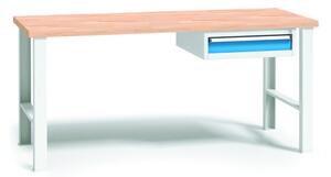 Výškovo nastaviteľný pracovný stôl do dielne WL so závesným boxom na náradie, buková škárovka, 1 zásuvka, 2000 x 685 x 840 - 1050 mm