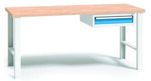Pracovný stôl do dielne WL so závesným boxom na náradie, buková škárovka, 1 zásuvka, pevné kovové nohy, 1700 mm