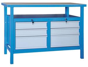 Dielenský pracovný stôl GÜDE Basic, smrek + buková preglejka, 6 zásuviek, 1190 x 600 x 850 mm, modrá