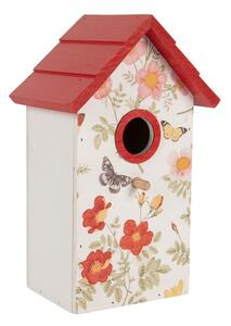 Bielo-červená dekoračná vtáčia búdka s kvetmi Birdhouse - 15*10*22 cm - Clayre & Eef