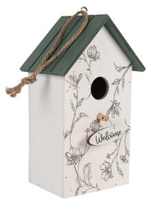 Zeleno-biela drevená vtáčia búdka s kvetmi Birdhouse - 15*10*22 cm - Clayre & Eef