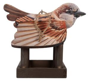 Hnedé drevené závesné krmítko pre vtáčiky s dekorom vrabčiaka - 17*25*21 cm - Clayre & Eef