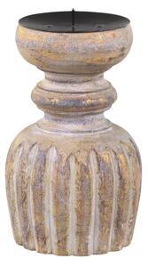 Zlato-prírodný antik drevený svietnik na stĺpovitú sviečku - Ø 9*15 cm - Chic Antique