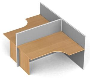 Rohový kancelársky pracovný stôl PRIMO s paravánmi, tvar T, nástenka, 2 miesta, buk