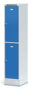 Šatníková skrinka na sokli s úložnými boxami, 2 boxy, modré dvere, otočný zámok