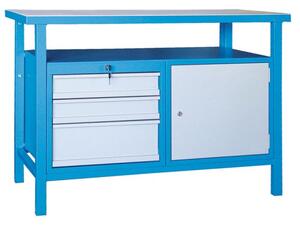 Dielenský pracovný stôl GÜDE Basic, smrek + buková preglejka, 3 zásuvky, 1 skrinka, 1190 x 600 x 850 mm, modrá