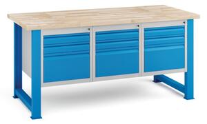 Dielenský stôl KOVONA, 9 zásuviek na náradie, buková škárovka, pevné nohy, 1700 mm
