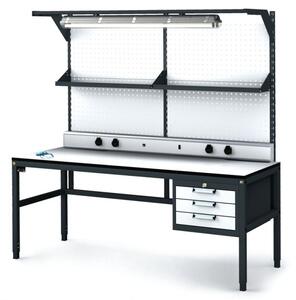 Antistatický dielenský ESD stôl, perfopanel, police, osvetlenie, 3 zásuvkový box na náradie, 1800x800x745-985 mm