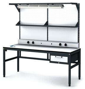 Antistatický dielenský ESD stôl, perfopanel, police, osvetlenie, 1 zásuvkový box na náradie, 1800x800x745-985 mm