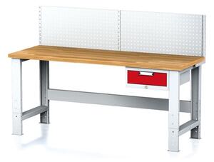 Nastaviteľný dielenský stôl MECHANIC I, závesný box na náradie, nadstavba, 1 zásuvka, 2000x700x700-1055 mm, červené