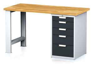 Dielenský pracovný stôl MECHANIC I, pevná noha + dielenský box na náradie, 5 zásuviek, 1500 x 700 x 880 mm, antracitové dvere