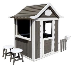 Drevený záhradný domček s taburetmi a poštovou schránkou, sivá/biela, PEOR