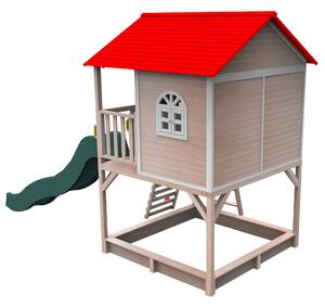 KONDELA Drevený záhradný domček so šmykľavkou, pieskoviskom a lezeckou stenou, OMAH