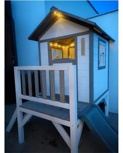 KONDELA Drevený záhradný domček pre deti so šmykľavkou, sivá/biela, MAILEN