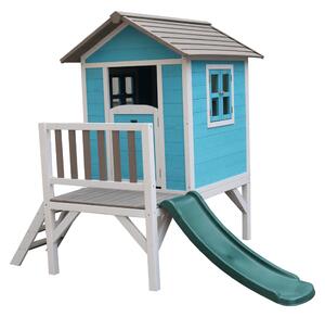 KONDELA Drevený záhradný domček pre deti so šmykľavkou, modrá/sivá/biela, MAILEN