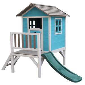 KONDELA Drevený záhradný domček pre deti so šmykľavkou, modrá/sivá/biela, MAILEN