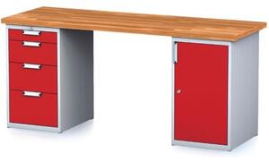 Dielenský stôl MECHANIC, 2000x700x880 mm, 1x 4 zásuvkový kontajner, 1x skrinka, sivá/červená