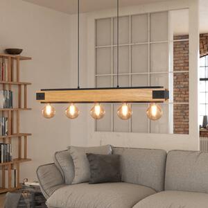 Závesná lampa Layham, čierna/svetlé drevo, dĺžka 96 cm, 5 svetiel