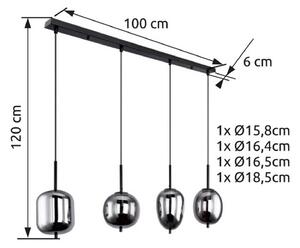 Závesná lampa Blacky, čierna/dymovo sivá, dĺžka 110 cm, 4 svetlá
