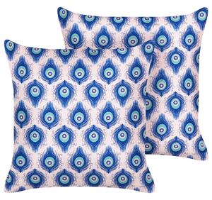 Sada 2 záhradných vankúšov modrá a ružová so vzorom pávieho peria polyester 45 x 45 cm moderné vodoodolné vankúše