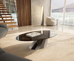 DELIFE Konferenčný stolík Edge oválny 140x80 cm keramika Laminam® Emperador Extra Lucidato tmavohnedá Parabi nerezová oceľ kefovaná